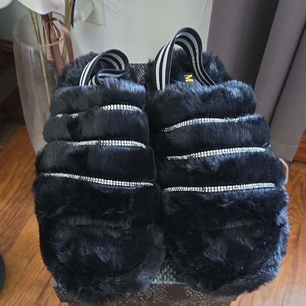 Black Furry Slippers with Rhinestone Accents Sz 9